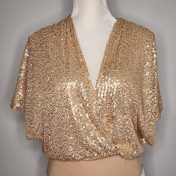 WAYF Gold Sequin Half Sleeve Bodysuit Women's Size XS NWT - Picture 1 of 8
